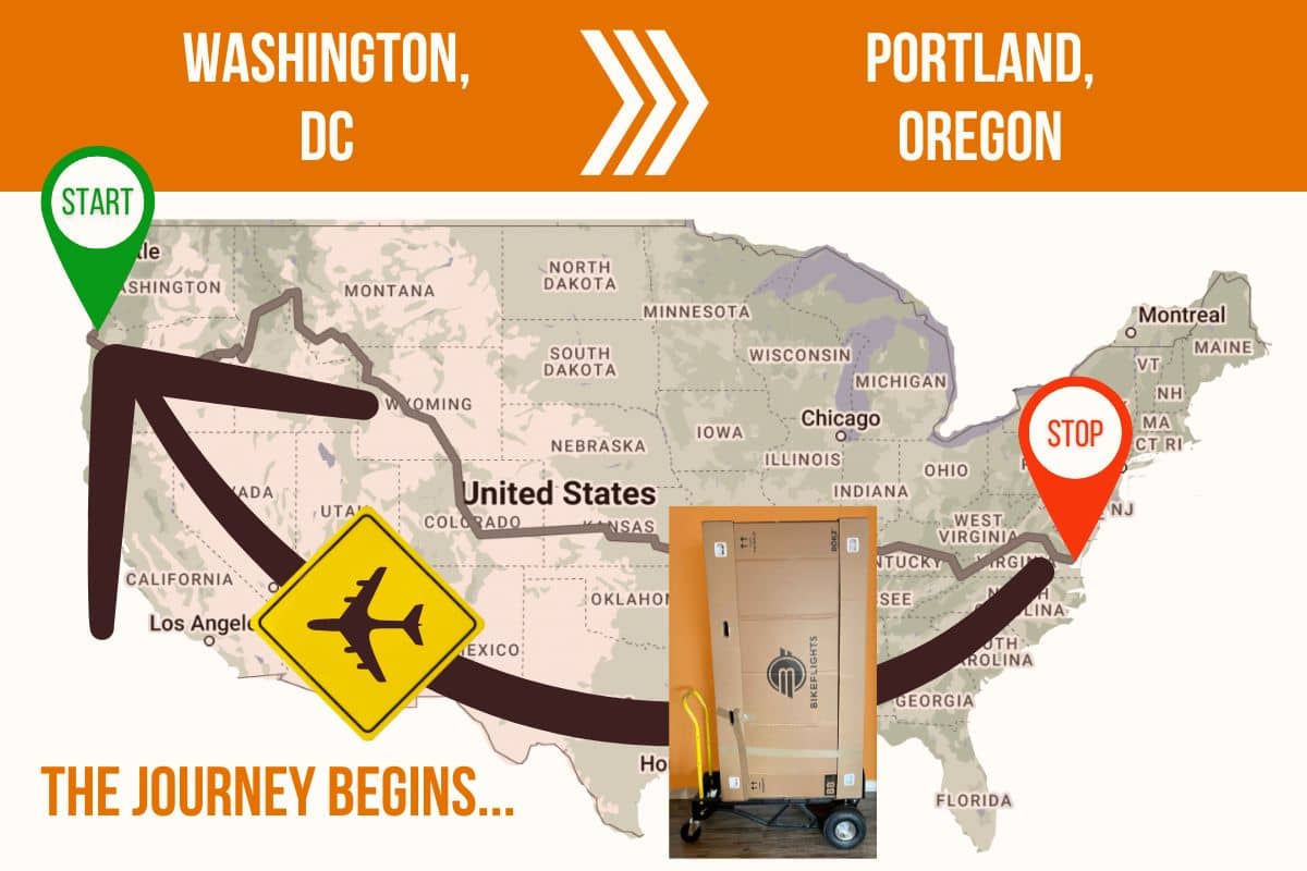 Route Map showing Day 0 of the TransAmerica Bicycle Trail, a flight from Washington DC to Portland Oregon plus Mandy's bicycle loaded on a cart in a box marked "Bike Flights"