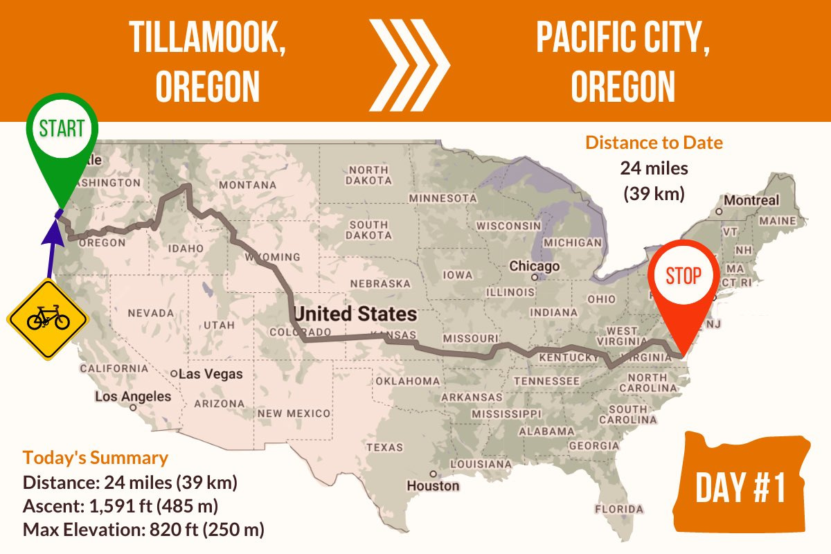 Route Map showing Day 01 of the TransAmerica Bicycle Trail, Tillamook to Pacific City Oregon