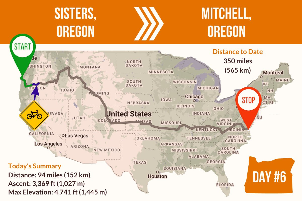 Route Map showing Day 06 of the TransAmerica Bicycle Trail, Sisters to Mitchell Oregon