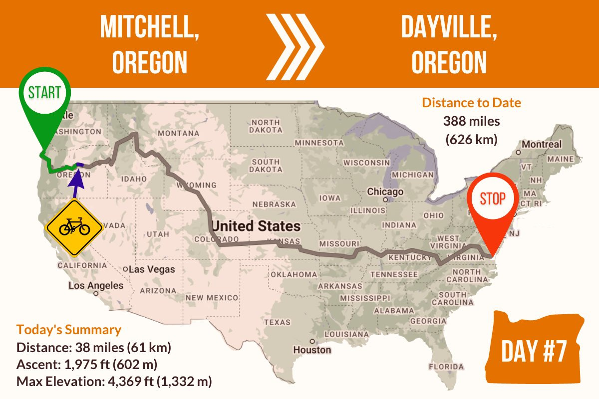 Route Map showing Day 07 of the TransAmerica Bicycle Trail, Mitchell to Dayville Oregon