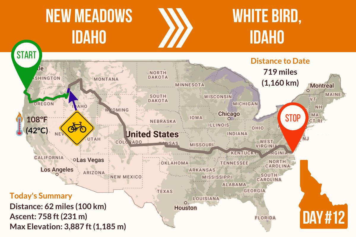 Route Map showing Day 12 of the TransAmerica Bicycle Trail, New Meadows to White Bird Idaho