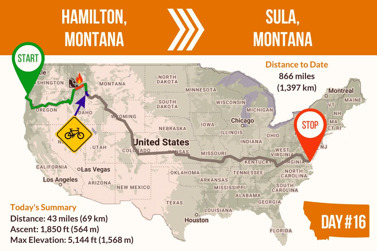 Route Map showing Day 16 of the TransAmerica Bicycle Trail, Hamilton to Sula Montana