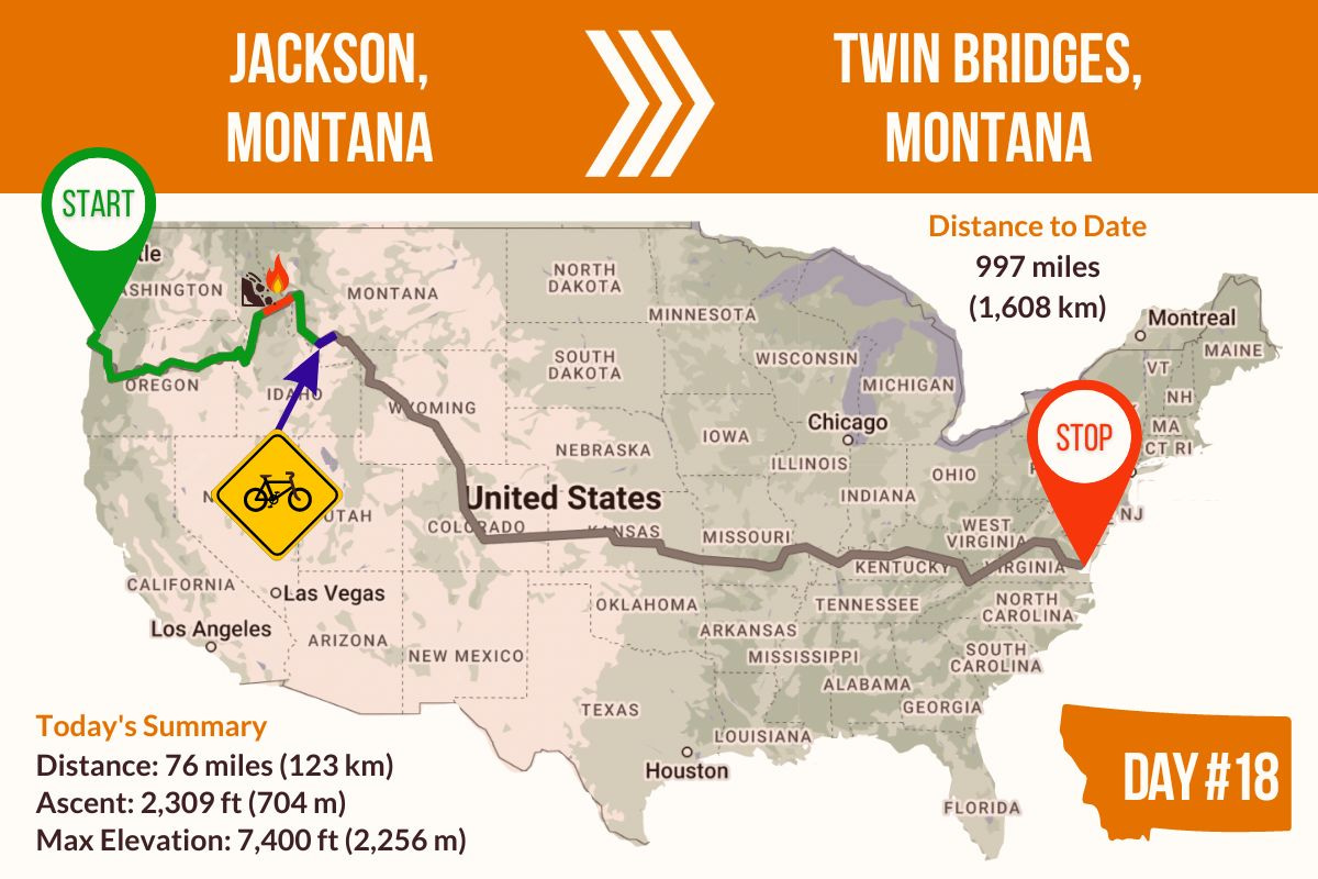 Route Map showing Day 18 of the TransAmerica Bicycle Trail, Jackson to Twin Bridges Montana