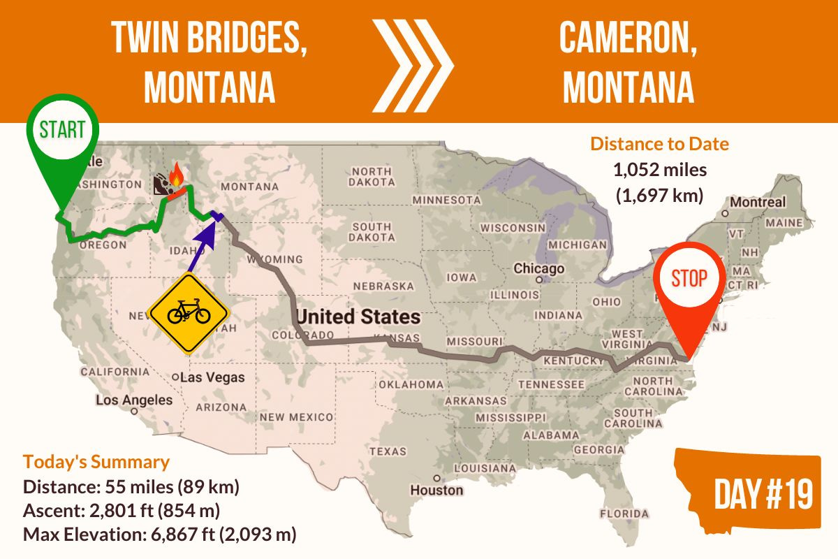 Route Map showing Day 19 of the TransAmerica Bicycle Trail, Twin Bridges to Cameron Montana