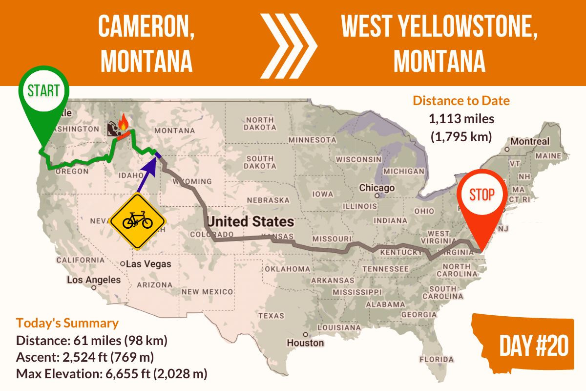 Route Map showing Day 20 of the TransAmerica Bicycle Trail, Twin Bridges to West Yellowstone Montana