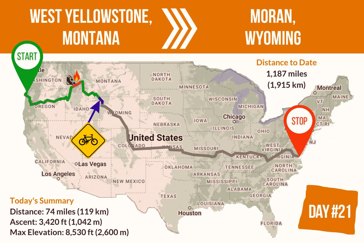 Route Map showing Day 21 of the TransAmerica Bicycle Trail, West Yellowstone Montana to Moran Wyoming