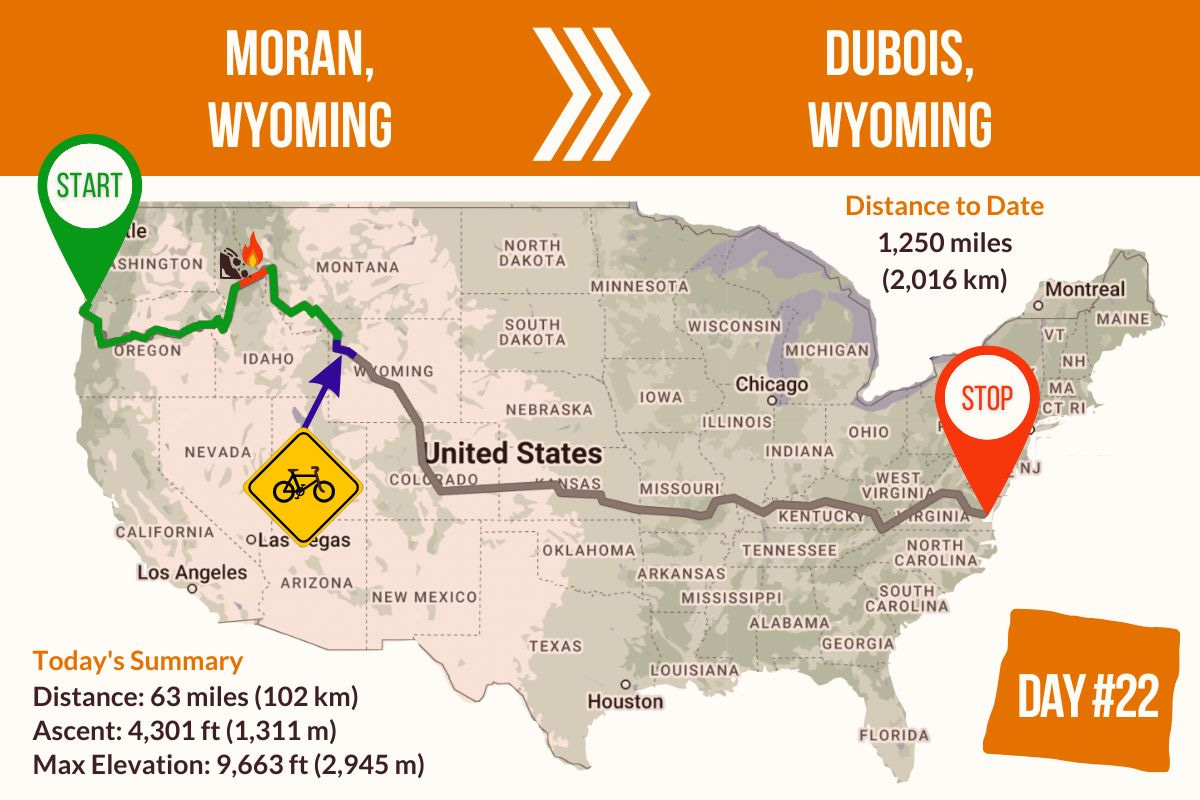Route Map showing Day 22 of the TransAmerica Bicycle Trail, Moran Wyoming to Dubois Wyoming