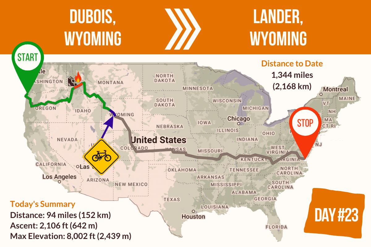 Route Map showing Day 23 of the TransAmerica Bicycle Trail, Dubois Wyoming to Lander Wyoming