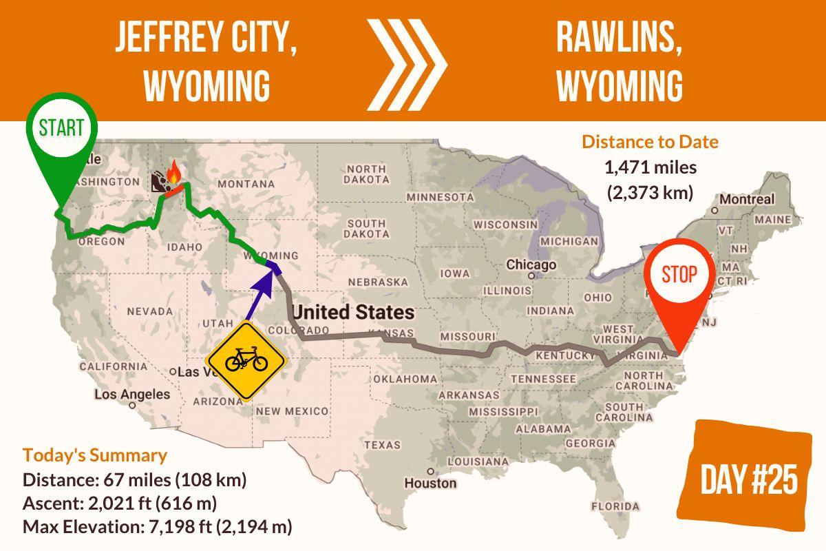 Route Map showing Day 25 of the TransAmerica Bicycle Trail, Jeffrey City Wyoming to Rawlins Wyoming