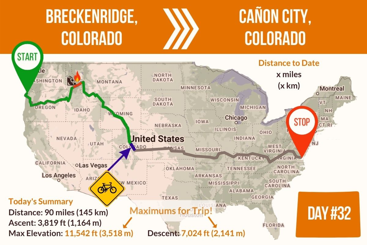 Route Map showing Day 32 of the TransAmerica Bicycle Trail, Breckenridge Colorado to Cañon City Colorado