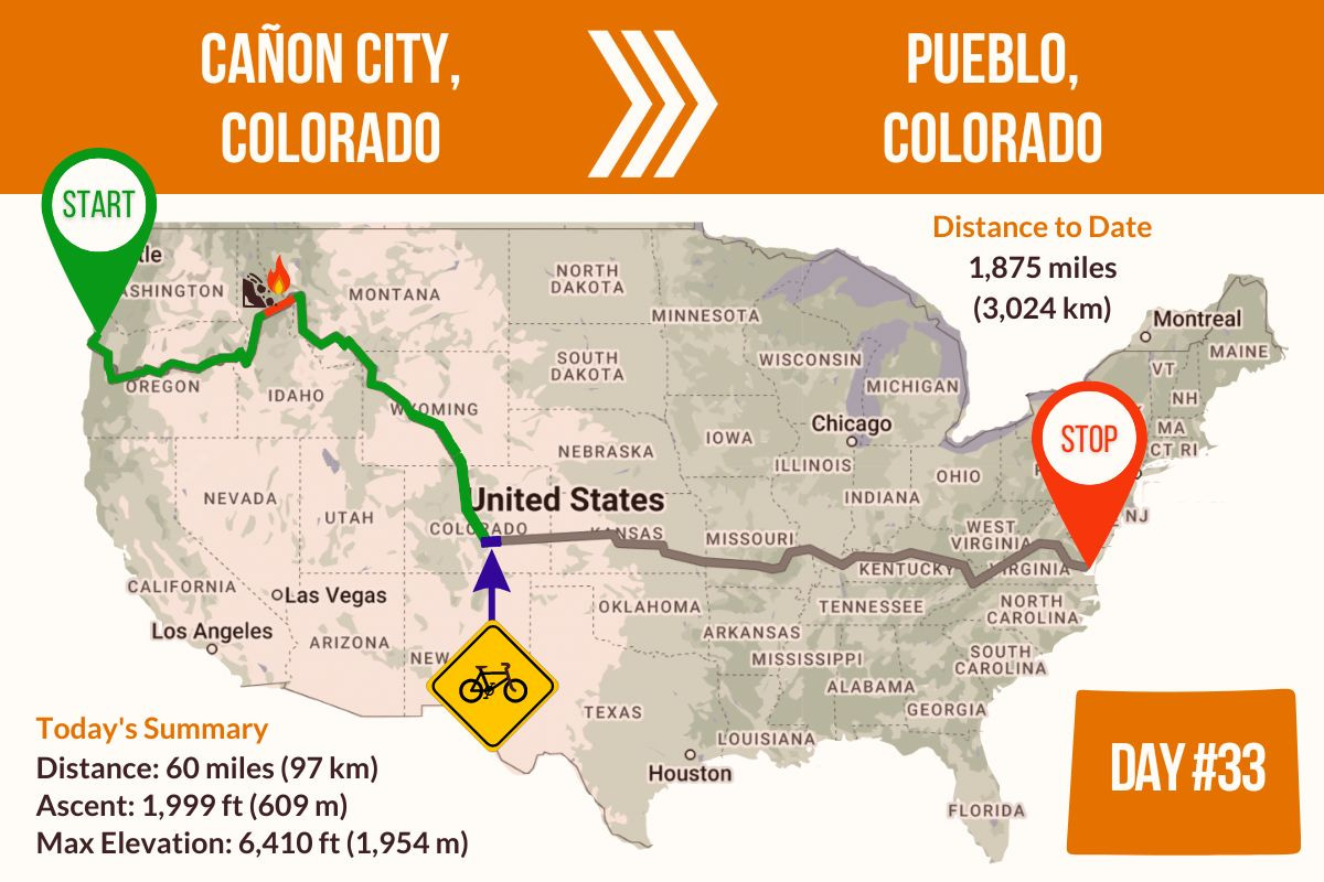 Route Map showing Day 32 of the TransAmerica Bicycle Trail, Cañon City Colorado to Pueblo Colorado