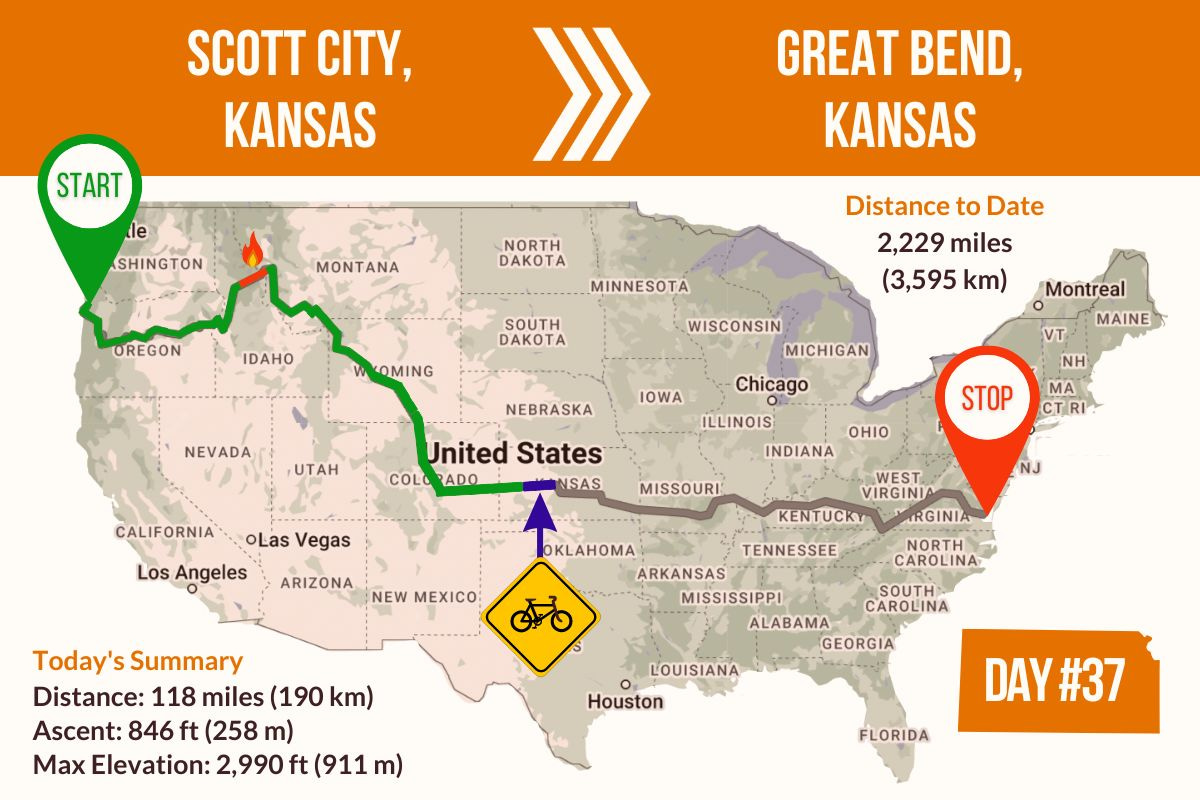 Route Map showing Day 37 of the TransAmerica Bicycle Trail, Scott City Kansas to Great Bend Kansas