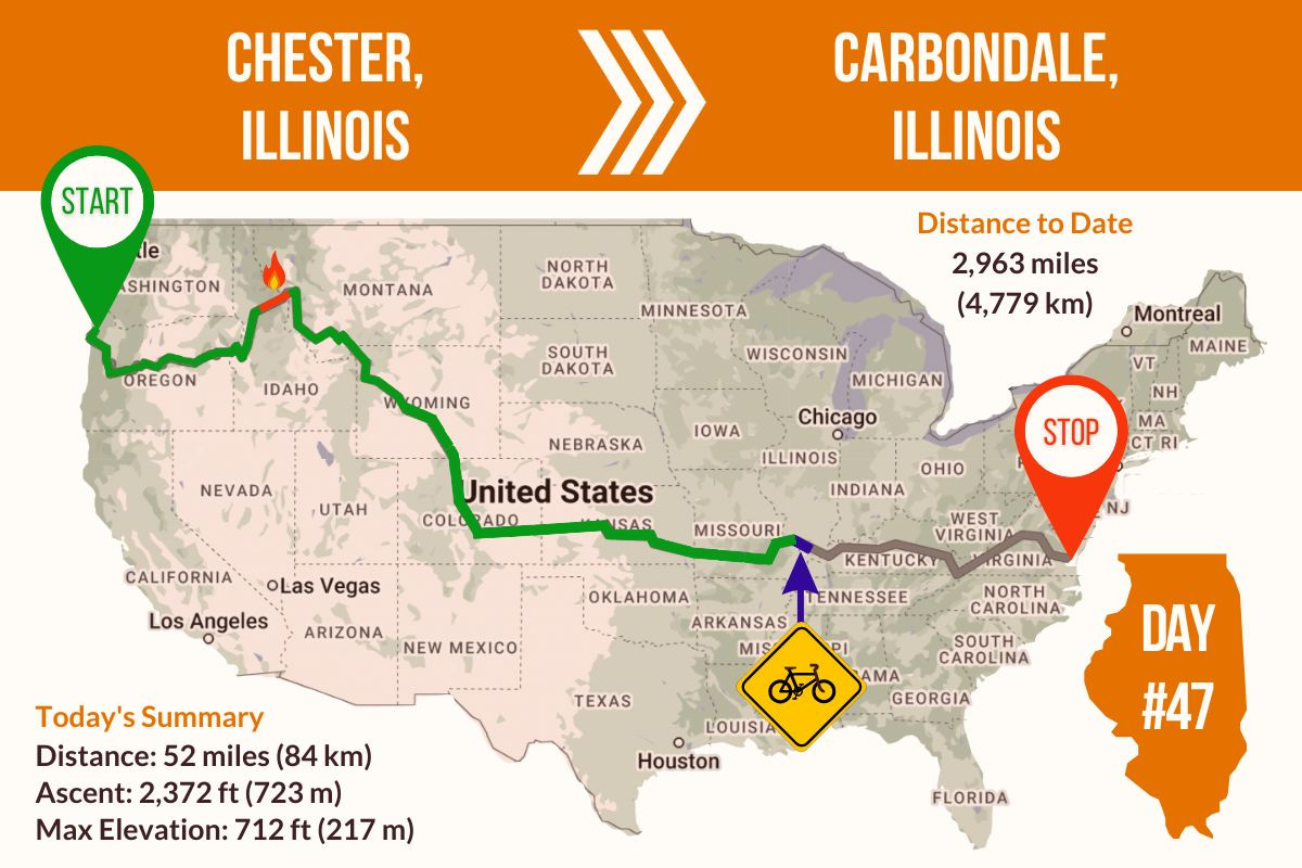Route Map showing Day 47 of the TransAmerica Bicycle Trail, Chester Illinois to Carbondale Illinois