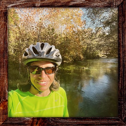 Photo, Day 44 of the TransAmerica Bicycle Trail, Mandy in front of river at Alley Spring & Mill National Park